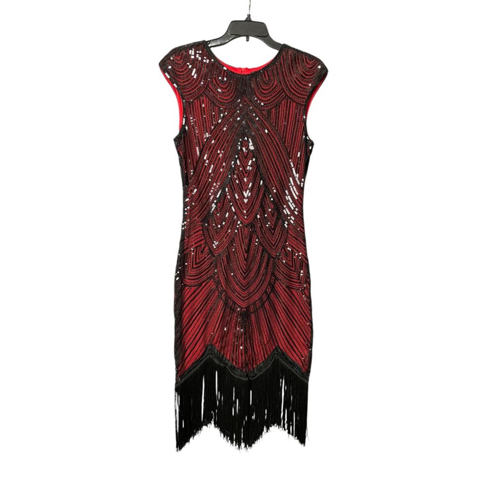 Funday 1920s Vintage Inspired Beaded & Fringe Flapper Midi Dress Size Small Glam